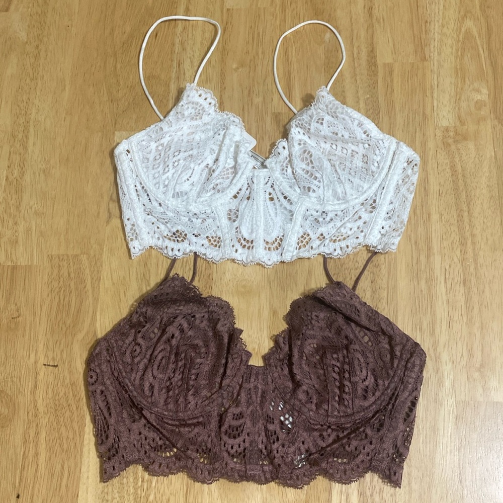 Free People Lace Bralette Duo in White and Brown